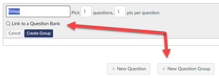 a screenshot of the+New Question group button with Link to a Question Bank highlighted