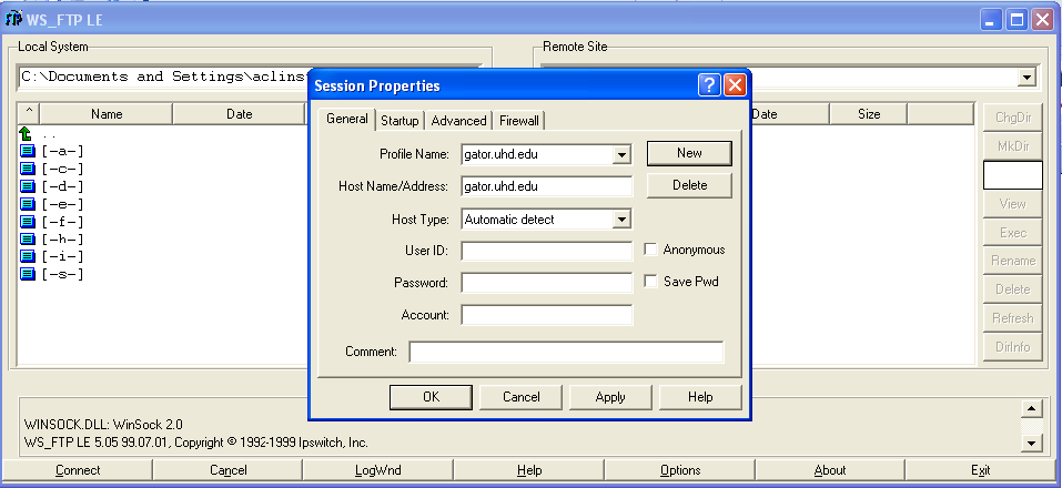 Configuring WS FTP Window