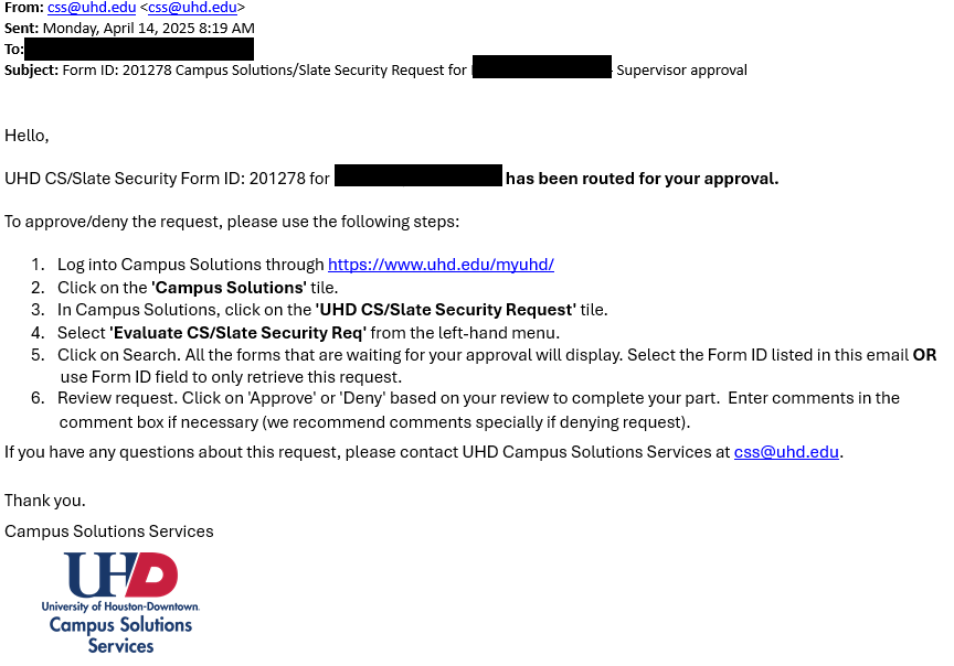 Email notification with steps to review requested security roles