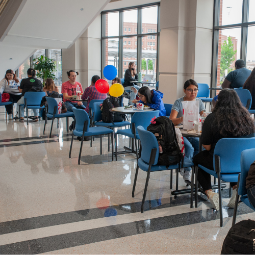 University students sit in the University of Houston-Downtown's Skyline Lounge